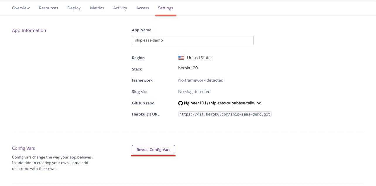 Settings tab Heroku